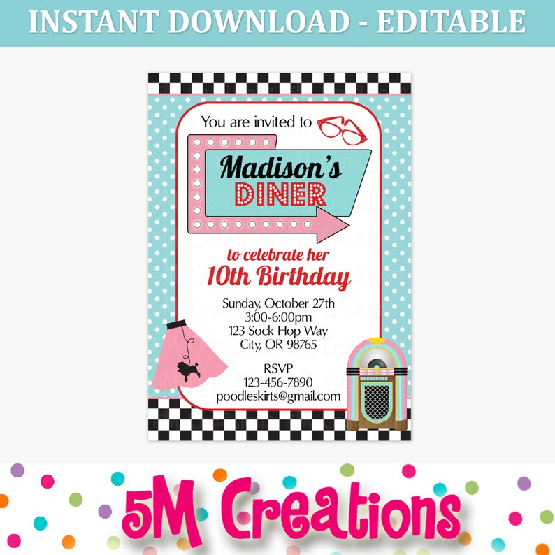 50s Birthday Party Decor 1950 Sock Hop Diner Birthday Party EDITABLE Printables Poodle Skirt Cupcake Toppers Banner Instant Download image 10