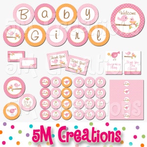 Tweet Bird Baby Shower Printable Decorations - Baby Girl Shower Printables  - Pink Orange Bird Baby Shower - Banner - INSTANT DOWNLOAD Pdf
