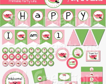 Watermelon Birthday Party Printable Decorations Package - Picnic Party Printables - Watermelon Banner Cupcake Toppers - INSTANT DOWNLOAD Pdf