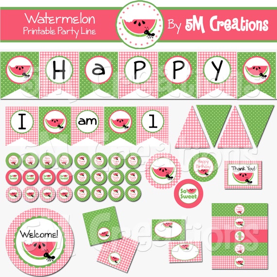 Watermelon Birthday Party Printable Decorations Package - Picnic Party Printables - Watermelon Banner Cupcake Toppers - INSTANT DOWNLOAD Pdf Il_570xn
