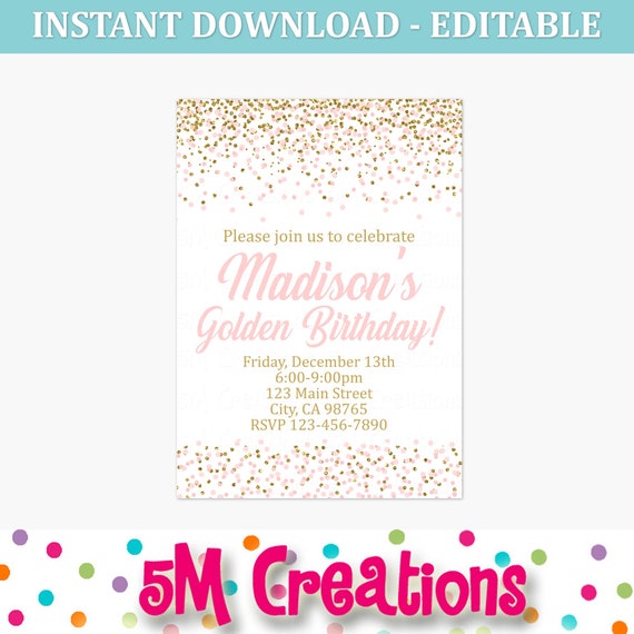 Golden Birthday Party Invitations - Pink and Gold Glitter Printable Invitation - Editable Printable Invite Il_570xn
