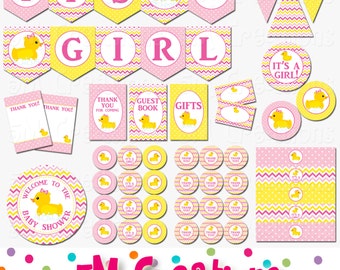 Rubber Ducky Baby Shower Decorations - Rubber Duck Baby Shower Printables  -Girl Pink Rubber Duck Birthday Party Banner INSTANT DOWNLOAD Pdf