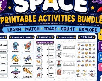 Space Worksheets Preschool Activities Bundle | Kindergarten Printable, Flashcards, 3-Part Cards, I Spy, Tracing