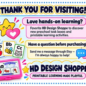 K&ouml;nnte beinhalten: Eine digitale Grafik f&uuml;r HD Design Shoppe mit dem Text THANK YOU FOR VISITING, Love hands-on learning und Have a question before purchasing. Sie zeigt Alphabetkarten, eine rosa Box sowie eine Stern- und Herzillustration.