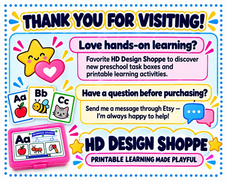 K&ouml;nnte beinhalten: Eine digitale Grafik f&uuml;r HD Design Shoppe mit dem Text THANK YOU FOR VISITING, Love hands-on learning und Have a question before purchasing. Sie zeigt Alphabetkarten, eine rosa Box sowie eine Stern- und Herzillustration.