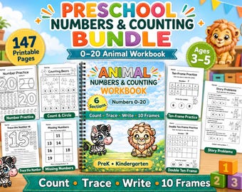 Preschool Math Bundle 0-20 | Back to School Pre-K Worksheets | Animal Number Tracing, Counting & Ten Frames