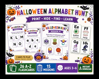 May include: A Halloween Alphabet Hunt activity set featuring printable mission cards with letters and illustrations, including flashcards for letters E through H with images of an eyeball, fangs, a ghost, and a hat, plus text labels and icons.