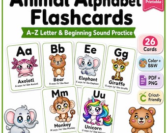 May include: A set of printable animal alphabet flashcards featuring letters A-Z with corresponding animal illustrations and phonetic text. The cards display characters like an axolotl, bear, elephant, giraffe, monkey, and unicorn with labels.
