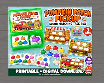 May include: A Pumpkin Patch Pickup colour matching task box set featuring a green plastic storage case, three illustrated mats, and 36 challenge cards. The set includes various colourful pumpkin cutouts and graphics of red trucks, hay bales, and farm stands with the text Pumpkin Patch Pickup.