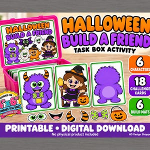 May include: A Halloween Build A Friend task box activity set featuring a bright pink plastic case, 6 characters, 18 challenge cards, and 6 build mats. The set includes printable cards with cartoon monsters and a witch, plus cut-out accessories like eyes, mouths, horns, bows, and pumpkin buckets.