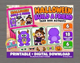 May include: A Halloween Build A Friend task box activity set featuring a bright pink plastic case, 6 characters, 18 challenge cards, and 6 build mats. The set includes printable cards with cartoon monsters and a witch, plus cut-out accessories like eyes, mouths, horns, bows, and pumpkin buckets.