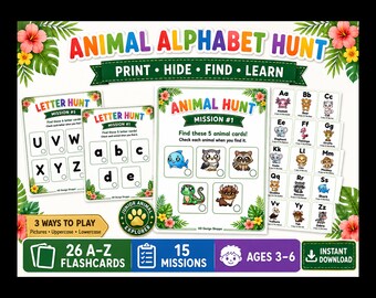 May include: An Animal Alphabet Hunt printable activity set featuring colourful tropical flower borders. Includes 26 A-Z flashcards, 15 missions, and game sheets for letter and animal identification. Text includes Animal Alphabet Hunt, Print, Hide, Find, Learn, and Junior Animal Explorer.