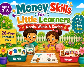 May include: A 26-page printable educational pack titled Money Skills for Little Learners, featuring two children sorting cards into Needs and Wants bins, a Save jar, and a sorting mat with coins, all set against a colourful garden background.