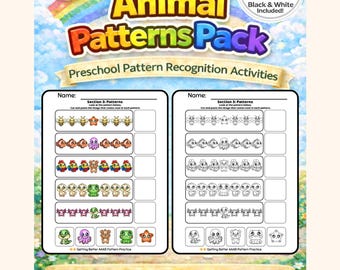 May include: A digital activity sheet titled Animal Patterns Pack for ages 3-5, featuring colourful and black-and-white animal pattern recognition exercises. The page includes rows of illustrated bees, fish, bears, and frogs with empty boxes for completion.