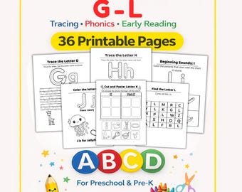 May include: Educational alphabet worksheets for early learners. The cover displays "Alphabet Worksheets G-L" and "36 Printable Pages." The worksheets focus on tracing, phonics, and early reading skills. The image includes colourful illustrations of pencils, stars, and crayons.