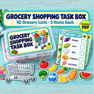 May include: A clear plastic storage container labeled Grocery Shopping Task Box with a shopping cart graphic. Includes 10 printable grocery lists with 5 items each, a shopping cart cutout, and various food item cutouts like fruit and dairy.
