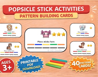 May include: Educational pattern building cards for children, featuring colourful popsicle sticks and animal illustrations. The cards include instructions to place sticks in the correct order. Includes 40 pattern cards for ages 3+.