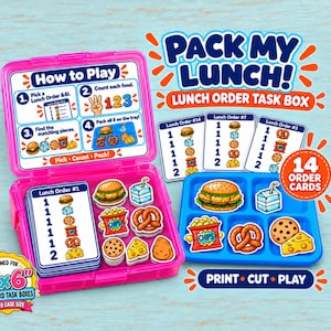 May include: A Pack My Lunch task box set featuring a pink plastic case, a blue plastic tray, 14 lunch order cards, and various food-shaped cutouts. The set includes instructions for picking, counting, and packing food items into the tray.