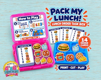 May include: A Pack My Lunch task box set featuring a pink plastic case, a blue plastic tray, 14 lunch order cards, and various food-shaped cutouts. The set includes instructions for picking, counting, and packing food items into the tray.