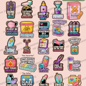 以下が含まれることがあります： ユーモラスなフレーズとイラストが特徴の、医療をテーマにした30個のデジタルステッカーのコレクション。デザインには、骸骨の手、医療用ベッド、点滴器、包帯、心拍モニター、温度計などがあります。ステッカーは様々な色とスタイルです。