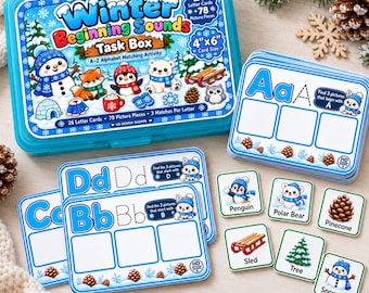 May include: A bright blue plastic task box labelled Winter Beginning Sounds with 26 letter cards and 78 picture pieces. The set includes alphabet matching cards for letters A, B, C, and D, plus small square tiles featuring winter-themed illustrations.