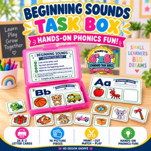 Pode incluir: Uma caixa de tarefas rosa de plástico com cartões fonéticos Beginning Sounds e peças ilustradas. O conjunto inclui 26 cartões de letras e 78 peças com imagens, além de cartões de instruções para associar sons a desenhos.