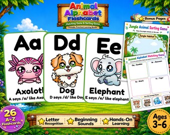 May include: A set of printable Animal Alphabet Flashcards featuring letters A, D, and E with illustrations of an axolotl, dog, and elephant. Includes a Jungle Animal Sorting Game and an Animal Alphabet Matching Game with cut-out animal pieces.