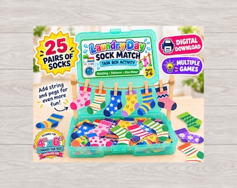 May include: A teal plastic task box containing 25 pairs of colourful patterned socks for a matching activity. The lid features a clothesline with six socks clipped on. Text includes Laundry Day Sock Match, 25 Pairs of Socks, and 4x6 Standard Task Boxes.