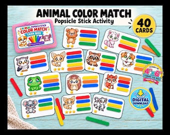 May include: Animal Color Match Popsicle Stick Activity set featuring 40 cards with illustrations of animals like a frog, owl, and koala. Each card displays coloured bars for matching. Includes a pink storage case and a 4x6 inch label.