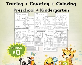 May include: Number practice worksheets for preschool and kindergarten, with tracing, counting, and colouring activities. The image shows a panda with a pencil, a chick with a magnifying glass, and a giraffe with blocks.