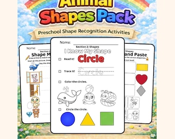 May include: An educational activity pack titled Animal Shapes Pack for ages 3-5, featuring preschool shape recognition worksheets with tracing, matching, and cut-and-paste tasks. The pages include illustrations of animals and shapes with text like I Know My Shape Circle.