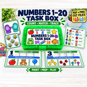 Könnte beinhalten: Eine grüne Kunststoffbox für Zahlen von 1 bis 20 mit Lernkarten, die Äpfel, Bären, Bienen und Marienkäfer zeigen. Das Set enthält Übungsblätter zum Nachspuren, einen Antwortschlüssel und Etiketten für Standard-Aufbewahrungsboxen.
