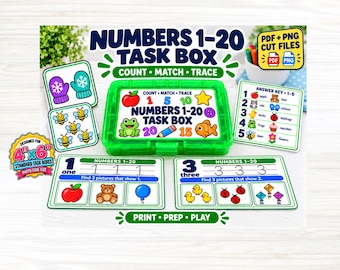 May include: A green plastic task box for numbers 1-20 with educational cards featuring illustrations of apples, bears, bees, and ladybugs. The set includes tracing practice sheets, an answer key, and labels for 10x15 cm standard task boxes.