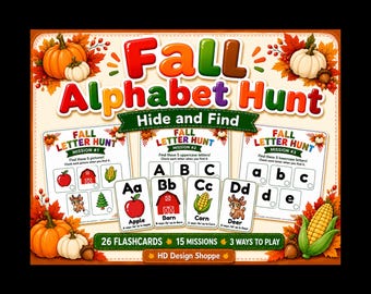 May include: A Fall Alphabet Hunt educational activity set featuring colourful text, pumpkins, and autumn leaves. Includes three mission sheets, twenty-six flashcards with letters and illustrations like an apple, barn, corn, and deer, plus game instructions.