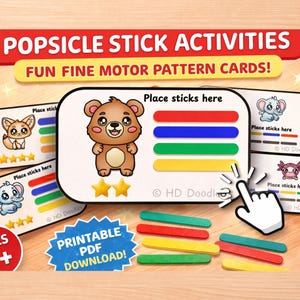 May include: Educational activity set featuring popsicle stick activities with fun fine motor pattern cards. The cards have cute animal illustrations and colorful lines for placing sticks. Includes the text "POPSICLE STICK ACTIVITIES" and "AGES 3+".