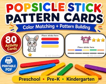 Popsicle Stick Pattern Cards for Preschool | 80 Color Matching & Fine Motor Activity Cards | Pre-K Printable Center