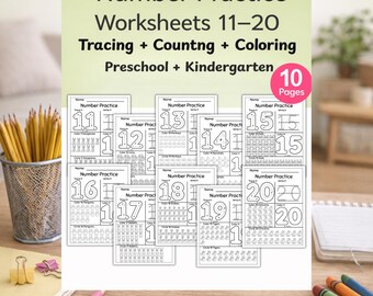 May include: A set of black and white number practice worksheets for preschool and kindergarten, featuring numbers 11-20. The worksheets include tracing, counting, and colouring activities. Pencils, crayons, and other stationery items are also visible.