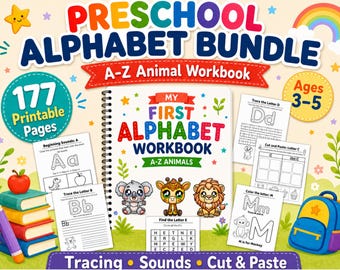 May include: A preschool alphabet bundle workbook featuring 177 printable pages for ages 3-5. The spiral-bound book titled My First Alphabet Workbook A-Z Animals is surrounded by worksheets, a stack of colourful books, a pencil, and a blue backpack.