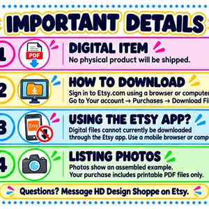 K&ouml;nnte beinhalten: Eine informative Grafik mit dem Titel IMPORTANT DETAILS mit vier nummerierten Abschnitten. Sie erkl&auml;rt, dass es sich um einen digitalen Artikel handelt, gibt Download-Anweisungen, weist auf die Einschr&auml;nkung der Etsy-App hin und stellt klar, dass die Fotos ein montiertes Beispiel zeigen.