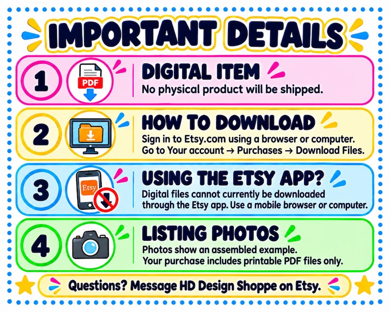 K&ouml;nnte beinhalten: Eine informative Grafik mit dem Titel IMPORTANT DETAILS mit vier nummerierten Abschnitten. Sie erkl&auml;rt, dass es sich um einen digitalen Artikel handelt, gibt Download-Anweisungen, weist auf die Einschr&auml;nkung der Etsy-App hin und stellt klar, dass die Fotos ein montiertes Beispiel zeigen.