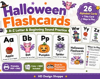 May include: A set of Halloween flashcards featuring alphabet letters and beginning sounds. The cards display illustrations of an apple, bat, pumpkin, spider, yarn, and zombie. Text includes 'Halloween Flashcards', 'A-Z Letter & Beginning Sound Practice', and 'Ways to Play'.