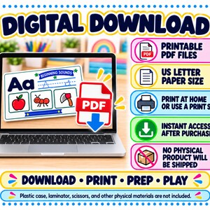 K&ouml;nnte beinhalten: Ein digitaler Download f&uuml;r ein Lernarbeitsblatt zu Anfangslauten mit dem Buchstaben Aa, einem Apfel, einer Ameise und einer Axt. Die Grafik enth&auml;lt den Text Digital Download, Printable PDF Files, US Letter Paper Size, Print at Home, Instant Access und No Physical Product Will Be Shipped.