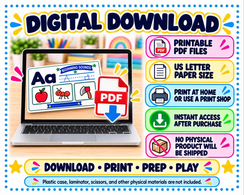 K&ouml;nnte beinhalten: Ein digitaler Download f&uuml;r ein Lernarbeitsblatt zu Anfangslauten mit dem Buchstaben Aa, einem Apfel, einer Ameise und einer Axt. Die Grafik enth&auml;lt den Text Digital Download, Printable PDF Files, US Letter Paper Size, Print at Home, Instant Access und No Physical Product Will Be Shipped.