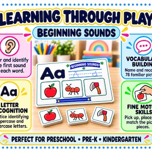 K&ouml;nnte beinhalten: Lernset mit dem Text Learning Through Play und Beginning Sounds. Enth&auml;lt eine wei&szlig;e Karte mit dem Buchstaben Aa, einer Apfel-, Ameisen- und Axt-Illustration sowie passende quadratische Karten f&uuml;r jedes Objekt.