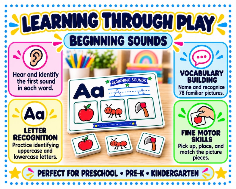 K&ouml;nnte beinhalten: Lernset mit dem Text Learning Through Play und Beginning Sounds. Enth&auml;lt eine wei&szlig;e Karte mit dem Buchstaben Aa, einer Apfel-, Ameisen- und Axt-Illustration sowie passende quadratische Karten f&uuml;r jedes Objekt.