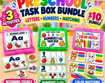 May include: A preschool task box bundle featuring three educational activity sets for letters, numbers, and colour matching. The kit includes colourful plastic storage cases, printed activity cards with illustrations of animals and objects, and small manipulatives for interactive learning.