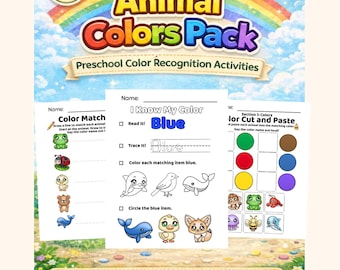 Preschool Colors Activity Pack | Back to School Pre-K Worksheets | Animal Color Matching, Sorting & Cut and Paste