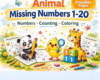 May include: A vibrant children's activity book titled "Animal Missing Numbers 1-20." The cover features cartoon animals, including a panda, chick, and giraffe, with pencils, blocks, and worksheets. The book has 40 printable pages for numbers, counting, and colouring.