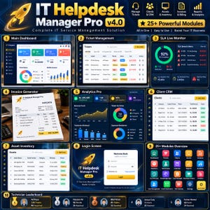 May include: A digital dashboard interface for IT Helpdesk Manager Pro v4.0 software, featuring ten distinct panels displaying ticket management, SLA monitoring, invoice generation, analytics, client CRM, asset inventory, and login screens.