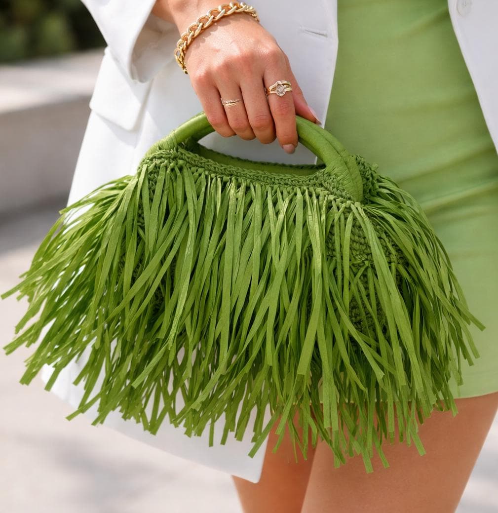 Grass Green Fringe Bag ,raffia Clutch ,boho Purse, Knitted Shaggy